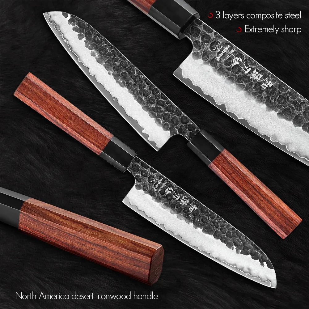 Couteau Santoku série Shizen HEZHEN 215 mm - Acier composite martelé