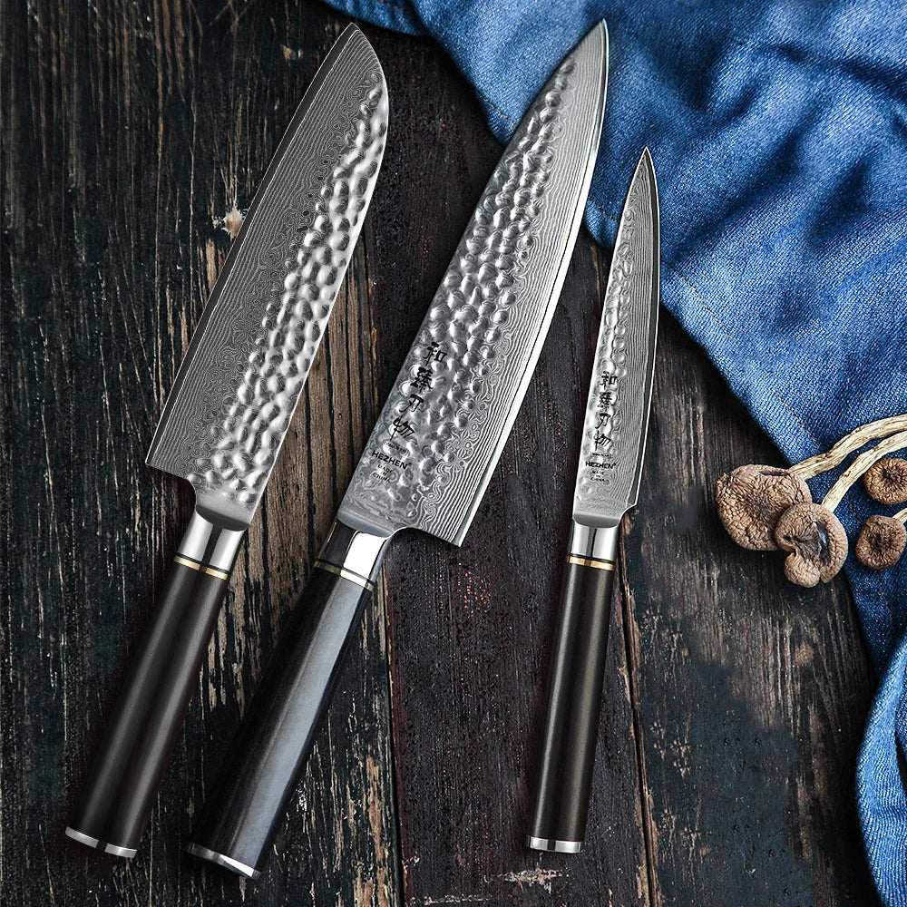 HEZHEN Hammer Series 3-piece knife set - 67 layers of Damascus steel