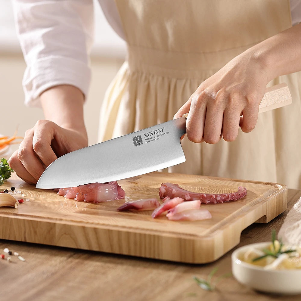 XINZUO 7.25" (184MM) Zhen Series Santoku mit japanischem Sanyo Riki Aogami Nr. 2 Stahl und Ahornholz Griff