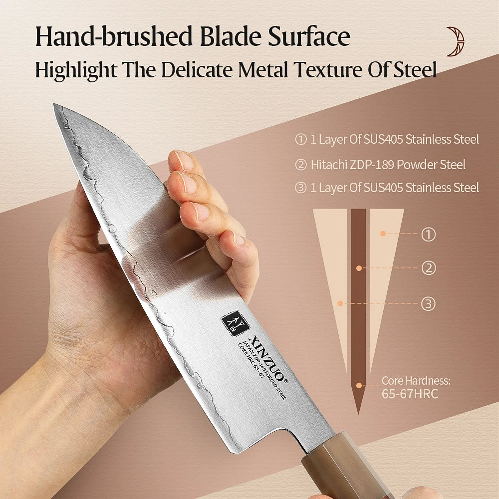 Coltello Santoku Xinzuo serie Tenshi da 7,2'' (183 mm) con manico in acciaio giapponese ZDP-189 e legno di ferro del deserto.
