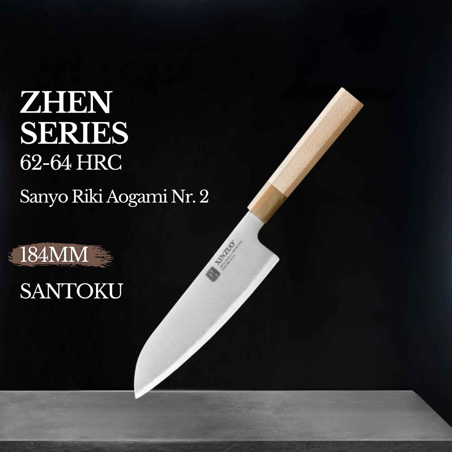 XINZUO 7.25" (184MM) Zhen Series Santoku mit japanischem Sanyo Riki Aogami Nr. 2 Stahl und Ahornholz Griff