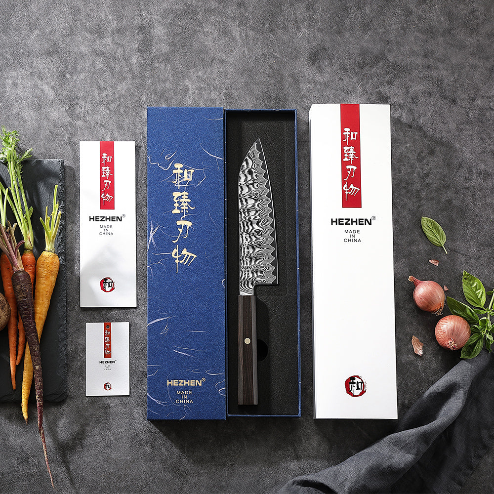 HEZHEN Shaolin Series Santoku Messer 178 mm - 67 Lagen Damaststahl