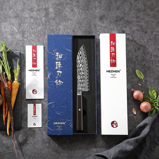 HEZHEN Shaolin Series Santoku Messer 178 mm - 67 Lagen Damaststahl
