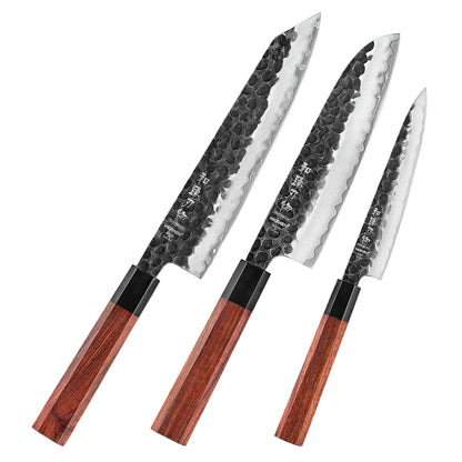 HEZHEN Shizen Series, 3-Teiliges Messerset mit Rotholz Griff und gehämmertem Verbundstahl