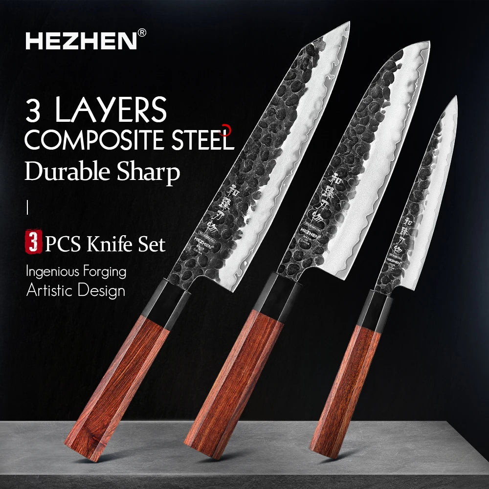HEZHEN Shizen Series, 3-Teiliges Messerset mit Rotholz Griff und gehämmertem Verbundstahl