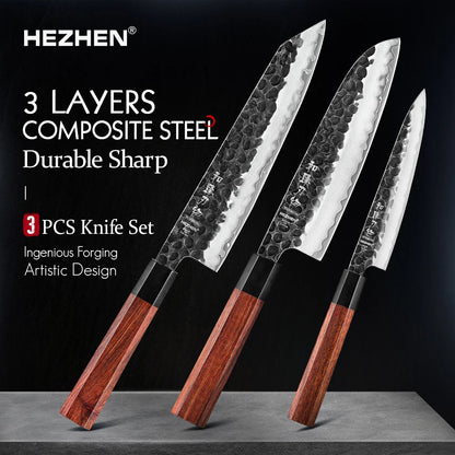 HEZHEN Shizen Series, 3-Teiliges Messerset mit Rotholz Griff und gehämmertem Verbundstahl
