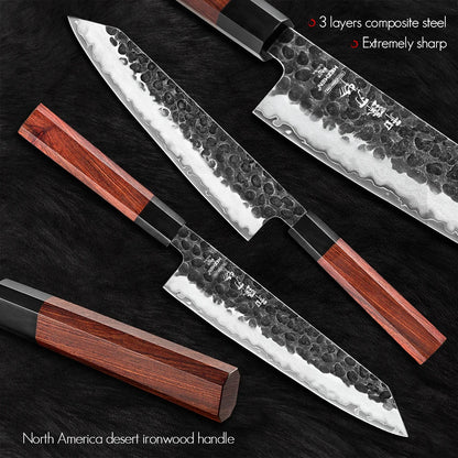 HEZHEN Shizen Series, 3-Teiliges Messerset mit Rotholz Griff und gehämmertem Verbundstahl