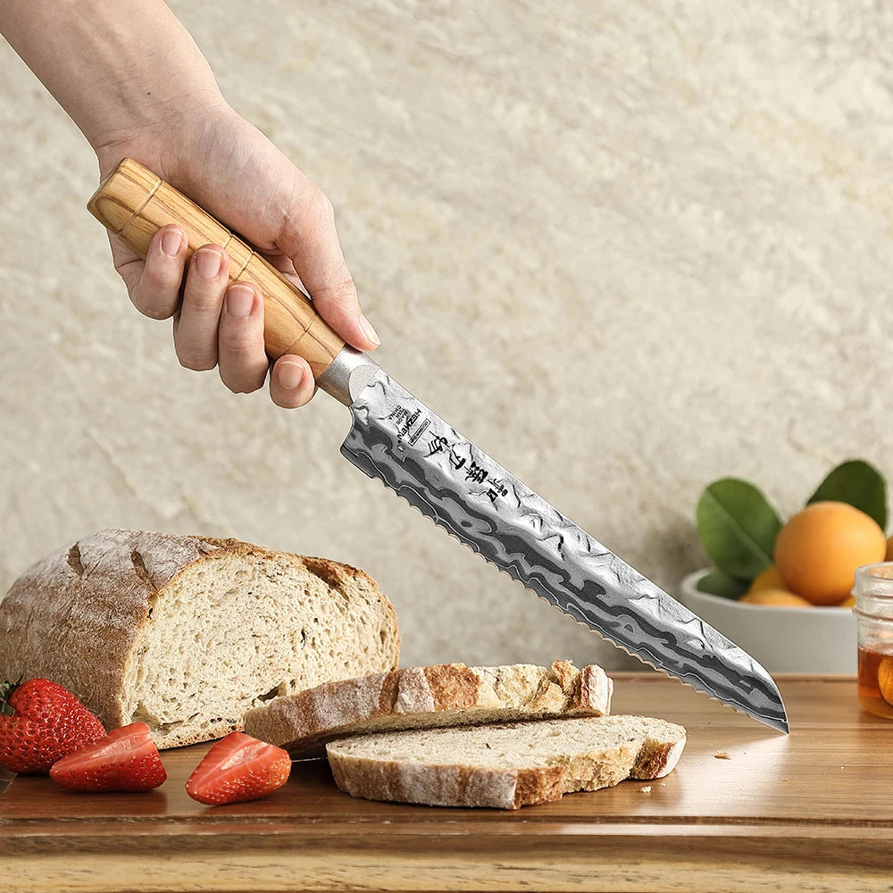 HEZHEN Hinoki Series Brotmesser 207 mm - 9 Lagen Damaststahl