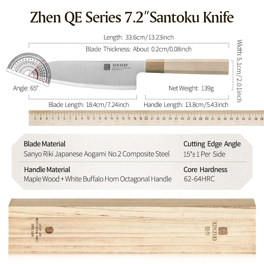 XINZUO 7.25" (184MM) Zhen Series Santoku mit Ahornholz Büffelhorn Griff und Sanyo Riki Aogami Nr. 2 Stahl