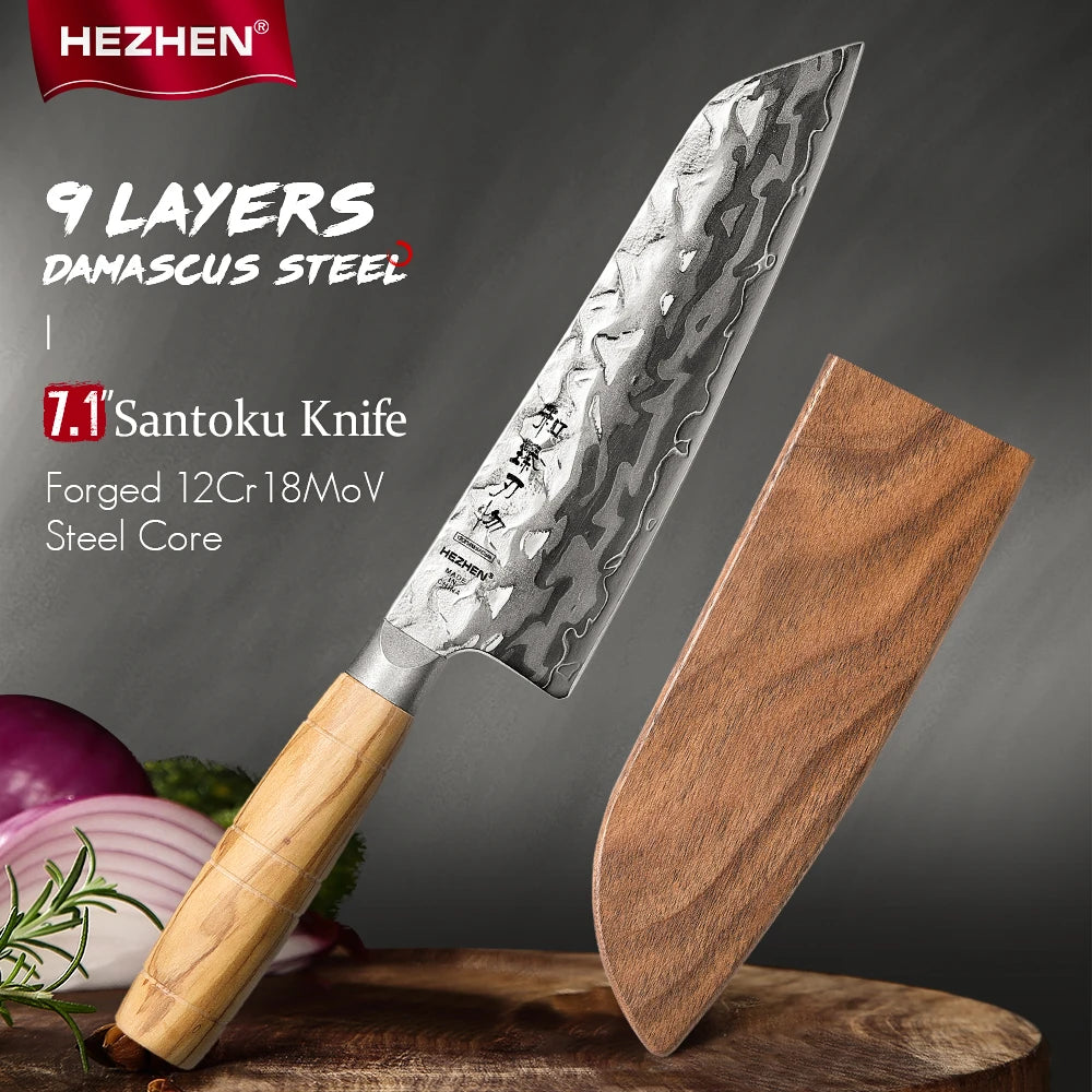 HEZHEN Hinoki Series Santoku Messer 185 mm - 9 Lagen Damaststahl