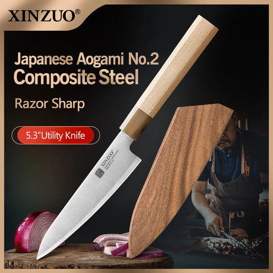 XINZUO 5.3" (134MM) Zhen Series Universalmesser (Petty) mit Ahornholz Büffelhorn Griff und Sanyo Riki Aogami Nr. 2 Stahl