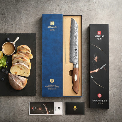 XINZUO 8.5" (215MM) Kinomi Series Brotmesser mit Walnussholzgriff und AUS-10 Damaststahl