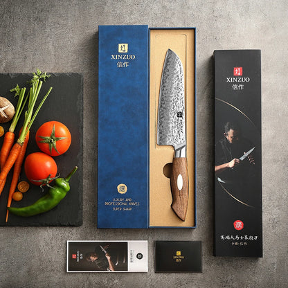 XINZUO 7" (180MM) Kinomi Series Santoku mit Walnussholzgriff und AUS-10 Damaststahl