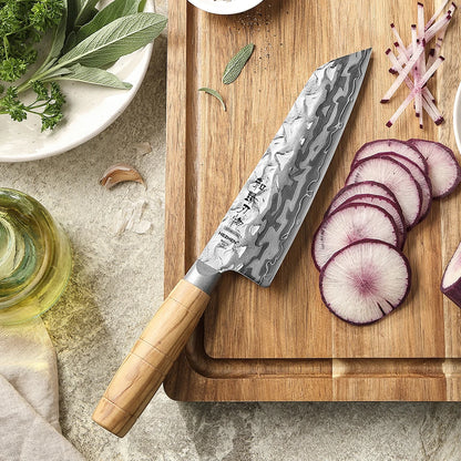 HEZHEN Hinoki Series Santoku Messer 185 mm - 9 Lagen Damaststahl