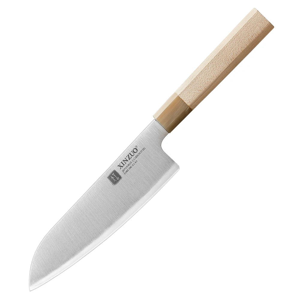 XINZUO 7.25" (184MM) Zhen Series Santoku mit Ahornholz Büffelhorn Griff und Sanyo Riki Aogami Nr. 2 Stahl