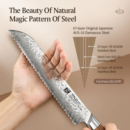 XINZUO 8.5" (215MM) Kinomi Series Brotmesser mit Walnussholzgriff und AUS-10 Damaststahl