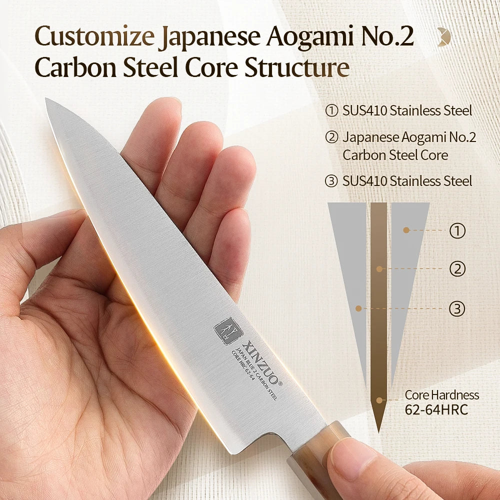 XINZUO 5.3" (134MM) Zhen Series Universalmesser (Petty) mit Ahornholz Büffelhorn Griff und Sanyo Riki Aogami Nr. 2 Stahl