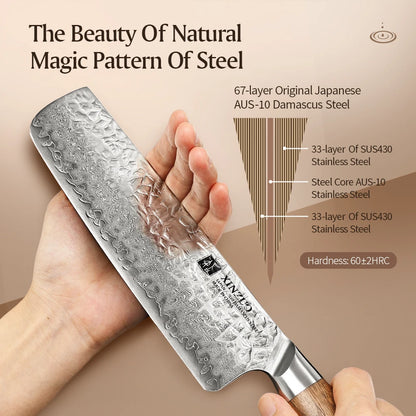 XINZUO 7" (180MM) Kinomi Series Nakiri mit Walnussholzgriff und AUS-10 Damaststahl