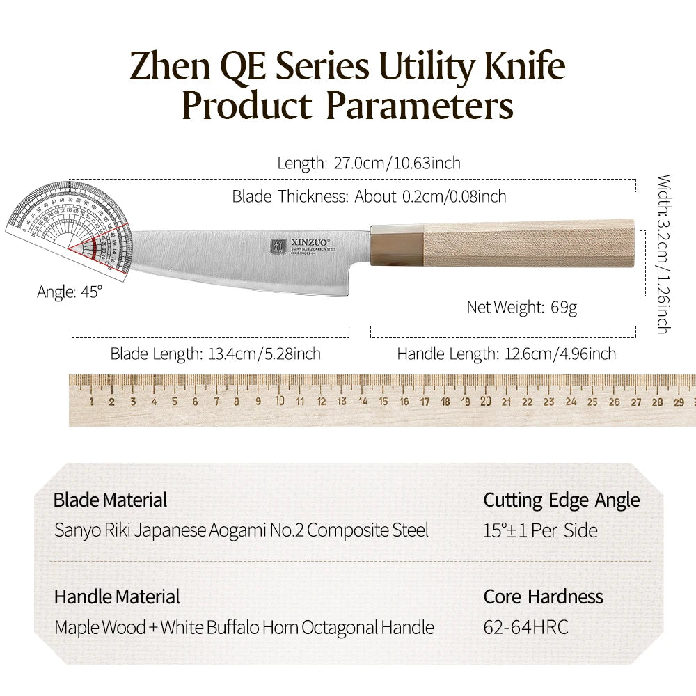 XINZUO 5.3" (134MM) Zhen Series Universalmesser (Petty) mit Ahornholz Büffelhorn Griff und Sanyo Riki Aogami Nr. 2 Stahl