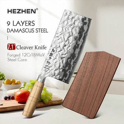 HEZHEN Hinoki Series Chinesisches Cleaver 180 mm - 9 Lagen Damaststahl