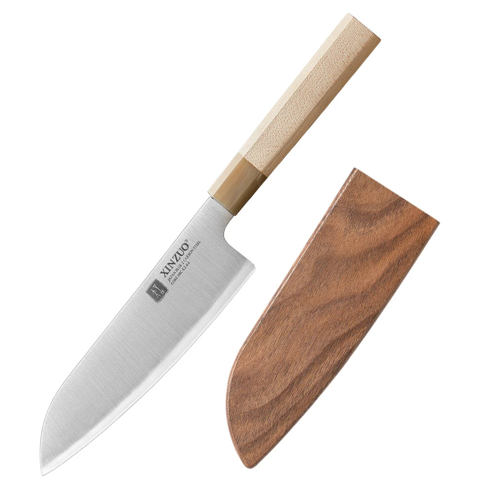 XINZUO 7.25" (184MM) Zhen Series Santoku mit Ahornholz Büffelhorn Griff und Sanyo Riki Aogami Nr. 2 Stahl