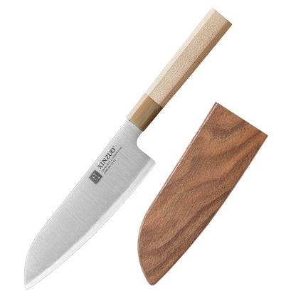 XINZUO 7.25" (184MM) Zhen Series Santoku mit Ahornholz Büffelhorn Griff und Sanyo Riki Aogami Nr. 2 Stahl
