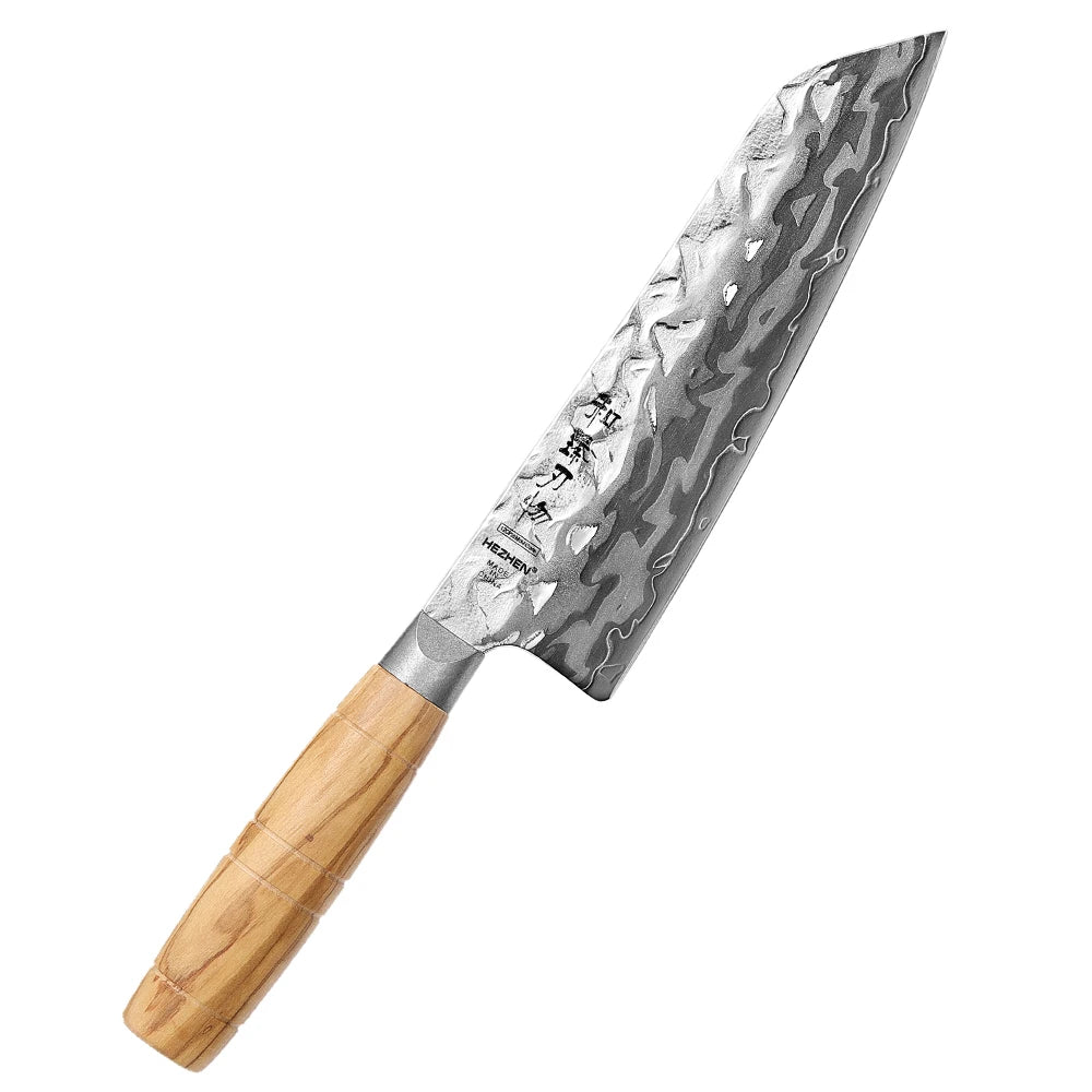 HEZHEN Hinoki Series Santoku Messer 185 mm - 9 Lagen Damaststahl