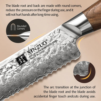 XINZUO 8.5" (215MM) Kinomi Series Brotmesser mit Walnussholzgriff und AUS-10 Damaststahl
