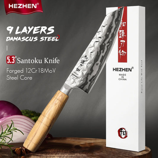HEZHEN Hinoki Series Santoku Messer 135 mm - 9 Lagen Damaststahl