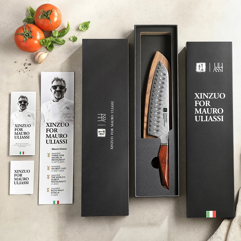 XINZUO x MAURO ULIASSI Santoku Messer 185 mm - 73 Lagen Damaststahl