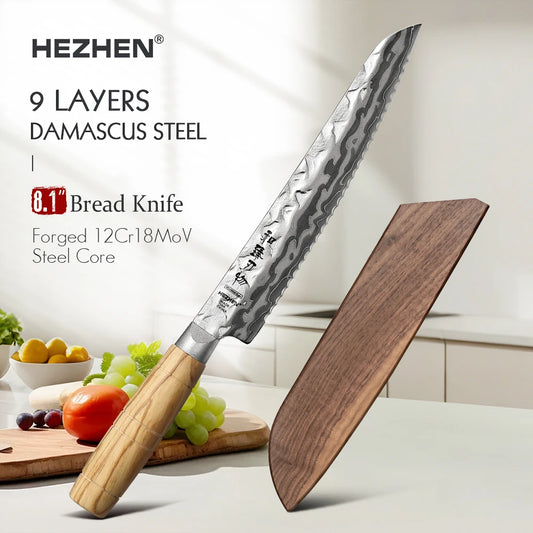HEZHEN Hinoki Series Brotmesser 207 mm - 9 Lagen Damaststahl