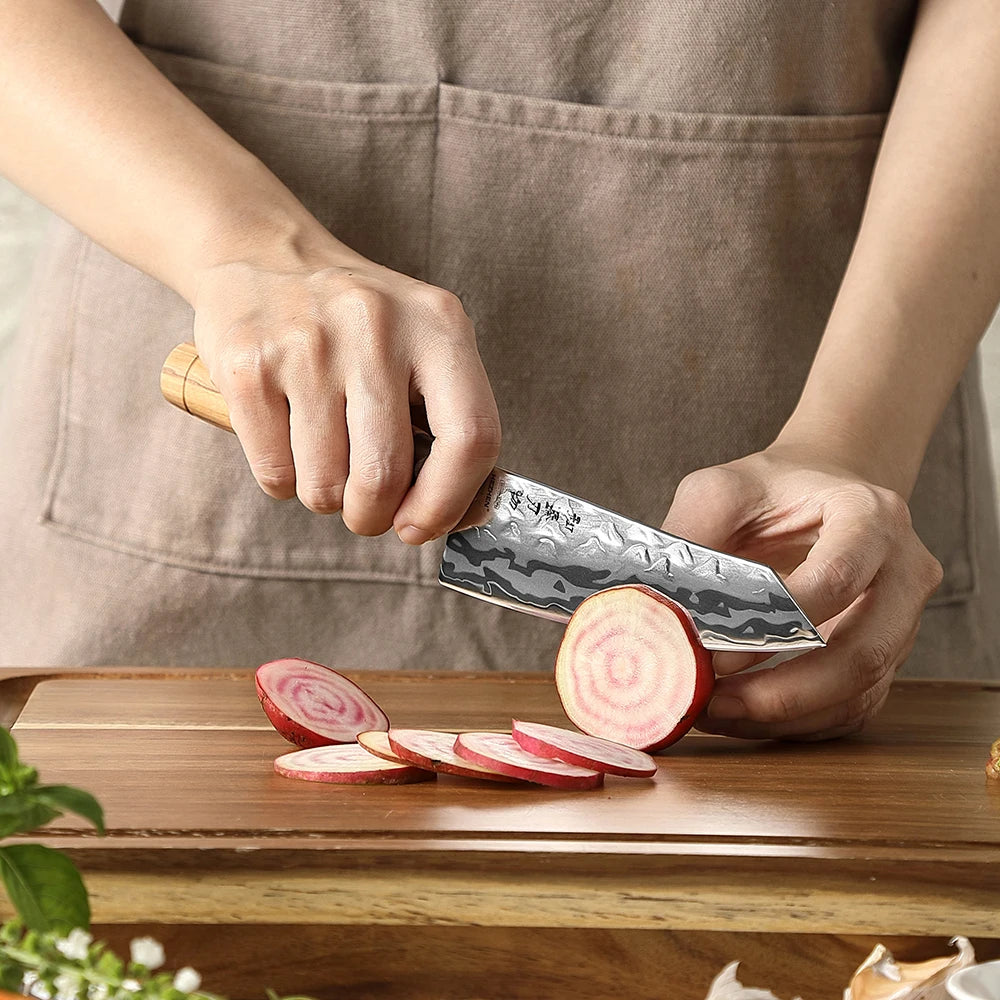HEZHEN Hinoki Series Santoku Messer 135 mm - 9 Lagen Damaststahl
