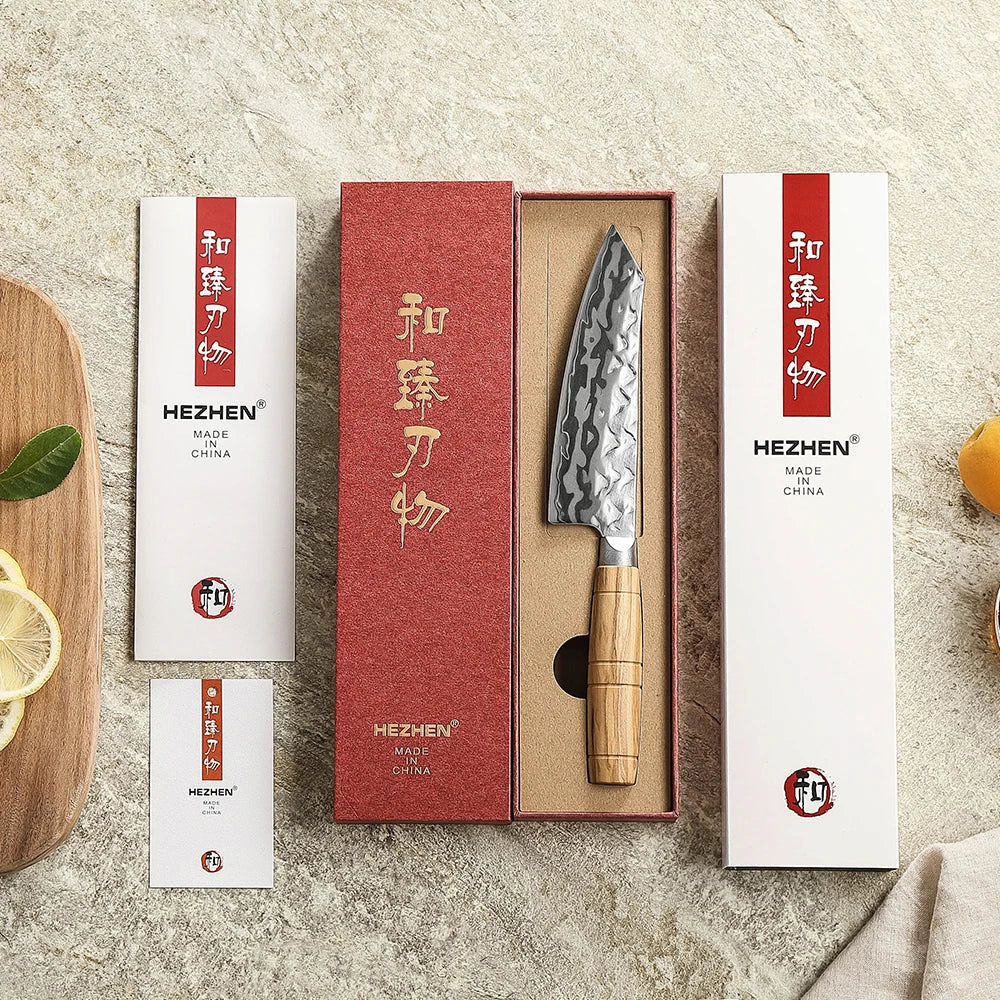 HEZHEN Hinoki Series Santoku Messer 135 mm - 9 Lagen Damaststahl