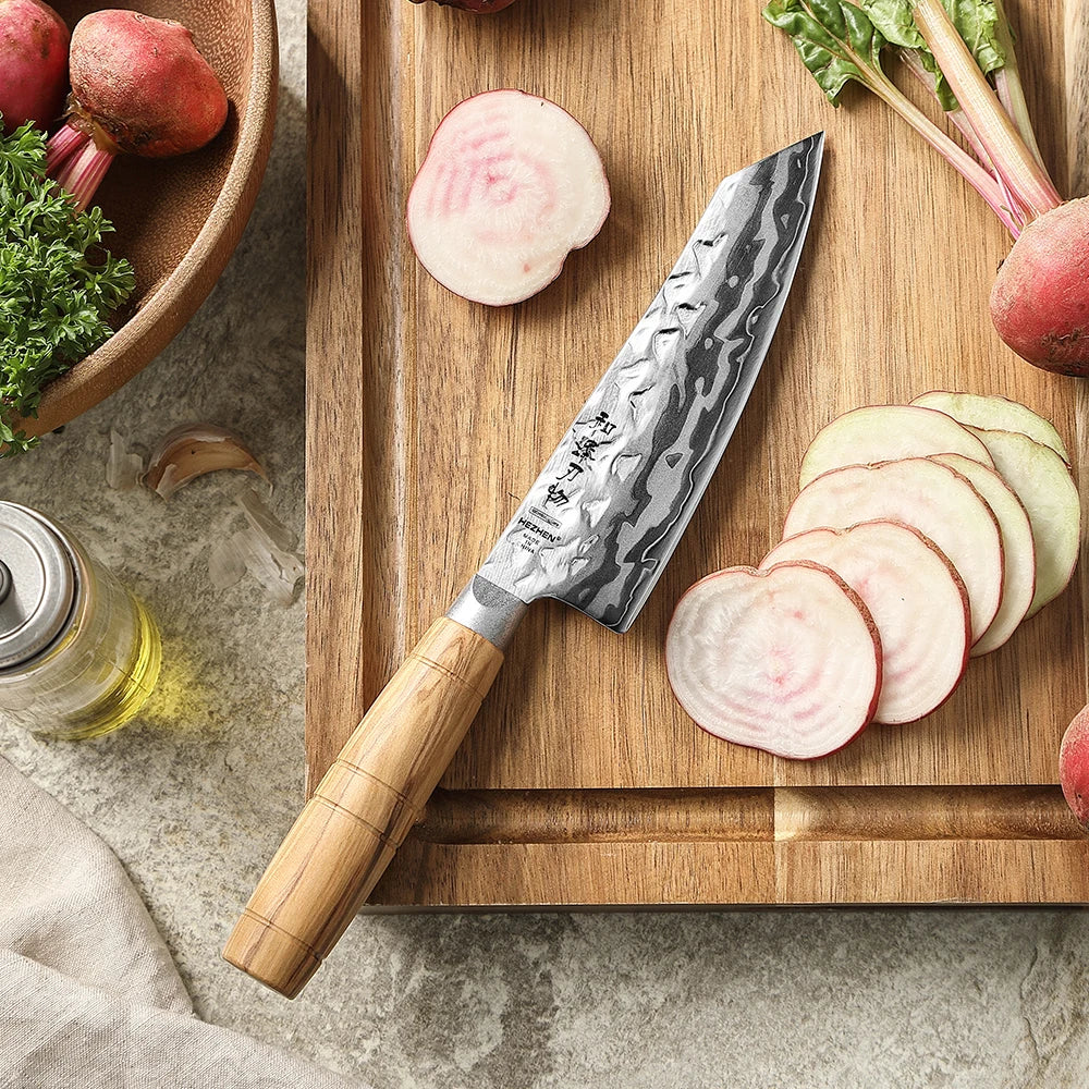 HEZHEN Hinoki Series Santoku Messer 135 mm - 9 Lagen Damaststahl