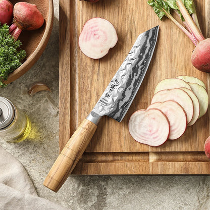 HEZHEN Hinoki Series Santoku Messer 135 mm - 9 Lagen Damaststahl