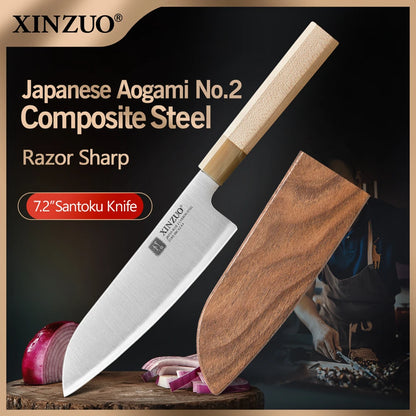 XINZUO 7.25" (184MM) Zhen Series Santoku mit Ahornholz Büffelhorn Griff und Sanyo Riki Aogami Nr. 2 Stahl