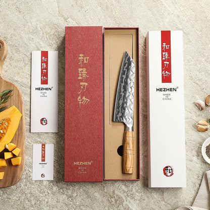 HEZHEN Hinoki Series Santoku Messer 185 mm - 9 Lagen Damaststahl