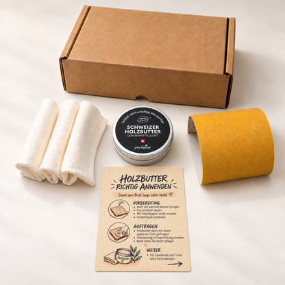 Holzschneidbrett Pflegeset mit Schweizer Holzbutter, Tüchern, Schleifpapier und Anleitung
