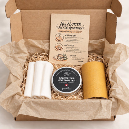 Holzschneidbrett Pflegeset in Verpackung mit Holzbutter und Zubehör