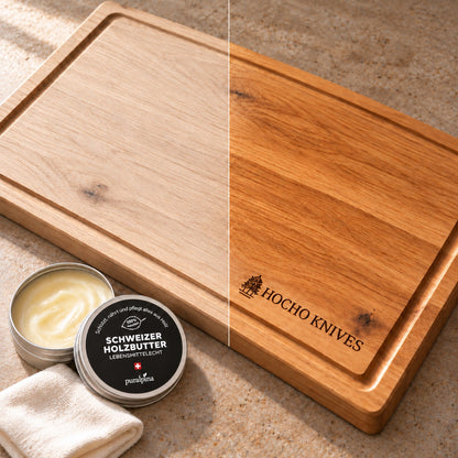 Vergleich der Holzoberfläche vor und nach Holzbutter Pflege